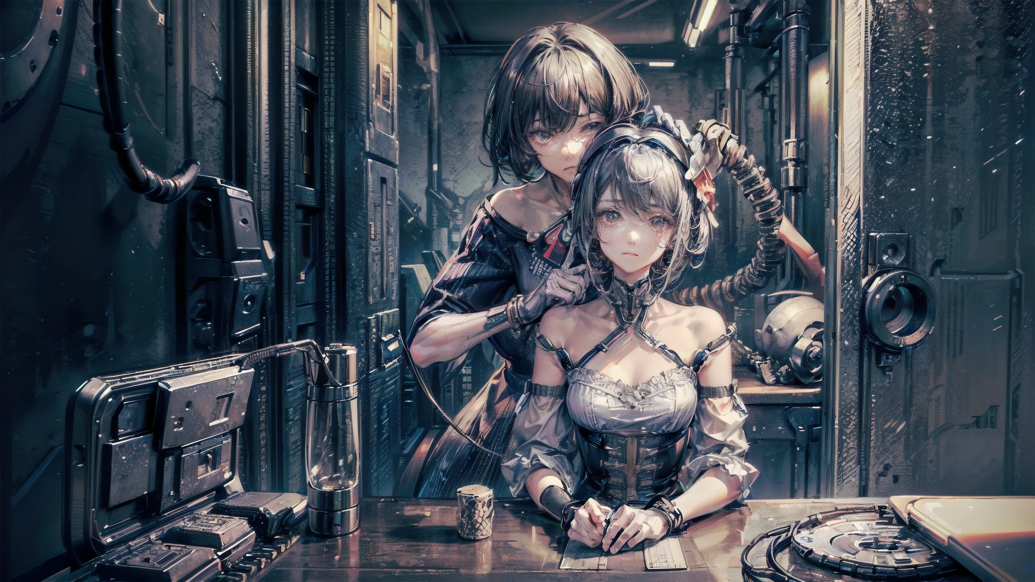 (((masterpiece))), (((Highest quality))), ((Very detailed)), (Highly detailed CG illustrations), ((Very delicate and beautiful)),(Cute and delicate face),Light,((1. Machine Girl)),alone,whole body,(Machine made joints:1.4),((Mechanical Limbs)),(Muscle swelling),(The container is connected to a tube),(Brain in a container:1.3),((Mechanical vertebrae attached to the back)),((Mechanical cervical vertebrae attached to the neck)),((Sitting)),poker face,(Wires and cables attached to head and body:1.5),Small breasts,short hair,(Character Focus),SF,Lying down,Shortcuts,センター分けのShortcuts,A devastated society,alone,Black-haired