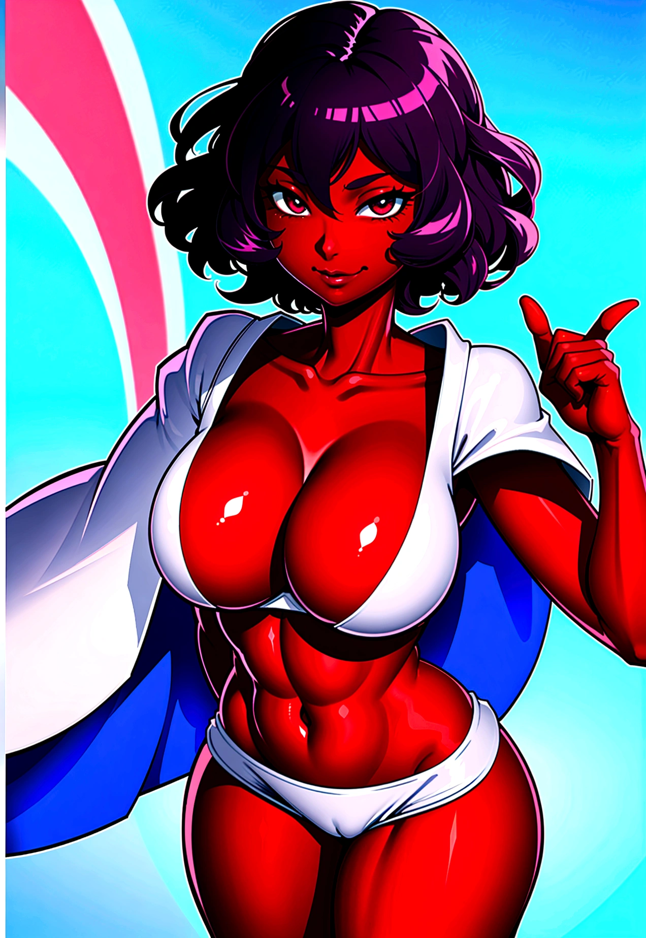 Circular shades, dark skin, afro-Caribbean, short wavy hair, light arburn eyes, dark lip stick, dark lip gloss, athletic, cleavage, smirking, wide eyes, green cape, cherry blossom print kunoichi armor, thick thighs voluptuous square physique, hands behind back, standing, facing viewer, tone, mischievous smile, celshaded,anime screencap 