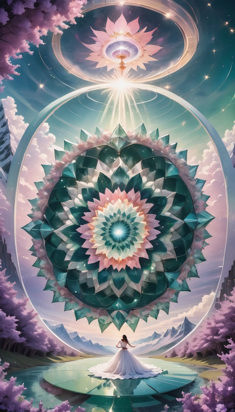Large geometric shapes, Mandala Sacral Geometry Made of Lilac Petals, Hypnotize, performer, Golden ratio in the center of the image, Flying over a landscape made of Swarovski fractal crystals, 輝くmosaic模様, Centered, Sharp focus, Perfect composition, dynamic, The Shining glowing ,green,white,coral pink, pink, tiffany green, performer swirling, the wind is strong, Sparkles swirl, green,pastel, cloudy, Amazing adventure,high quality 16K resolution, Gothic (Luminism Photography:1.7) Aurora Light, Long-lasting rose flower, Feather and small bell, t Quartz, The Shining, mosaic, Sparkling, Made by Nikon, Sharp focus, Perfect quality, High resolution, Long Shot, 16K resolution, masterpiece, Breathtakingly beautiful, Strict details, Attention to detail, Complementary Color, Soft colors、Spectacular 3D shading、Detailed Matte Painting、Exquisite detail, High resolution, Beautifully photographed, Surreal, Sharp focus, Megapixels, Perfect composition, High Contrast, Cinematic, Atmospheric, Sulky . masterpiece, Highest quality, so beautiful, Absurd, otclillsn