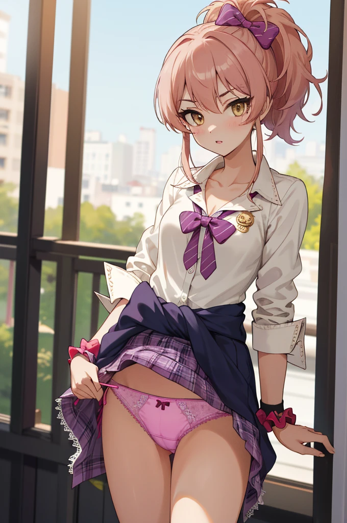 masterpiece, best quality, highres, aamika, ponytail, hair bow, collarbone, ,, bowtie, collared shirt, white shirt, sleeves rolled up, wrist scrunchie,, clothes around waist, plaid skirt, purple skirt, standing, cowboy shot, outdoors,(((lift skirt,lace panties,gyaru))),looking viewer