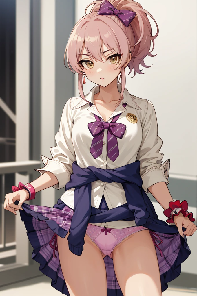 masterpiece, best quality, highres, aamika, ponytail, hair bow, collarbone, ,, bowtie, collared shirt, white shirt, sleeves rolled up, wrist scrunchie,, clothes around waist, plaid skirt, purple skirt, standing, cowboy shot, outdoors,(((lift skirt,lace panties,gyaru))),looking viewer