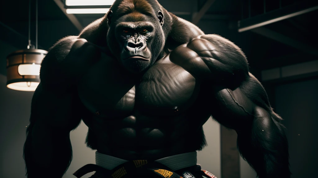 A captivating image of a powerful Gorilla adorned in a black Gi of Japanese Jiu-Jitsu, showcasing his black belt status. The scene is set in a dimly lit room, accentuating the Gorilla's muscular physique and the shiny, almost glossy texture of his fur. The photography is captured in 4K quality, offering a crisp, detailed view of the Gorilla's chiseled features and the intricate designs on his Gi. The cinematic lighting adds an element of mystery and allure to this unique and captivating scene.
