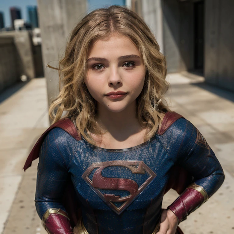 (best quality, 8k, high-res, masterpiece:1.2),ultra-detailed,(photo-realistic:1.37), ((best quality)), ((masterpiece)), (detailed), perfect face, Chloe Grace Moretz, chl03gm, Huge breasts, blond hair, full body, ((standing in an all-action superhero pose on the flat roof of a skyscraper)), smiling, ((NSFW)), ((naked)), ((super-tiny super-tight Supergirl costume)), perfect features, perfect hands, dry clean skin, dry hair, ((from below looking up)),