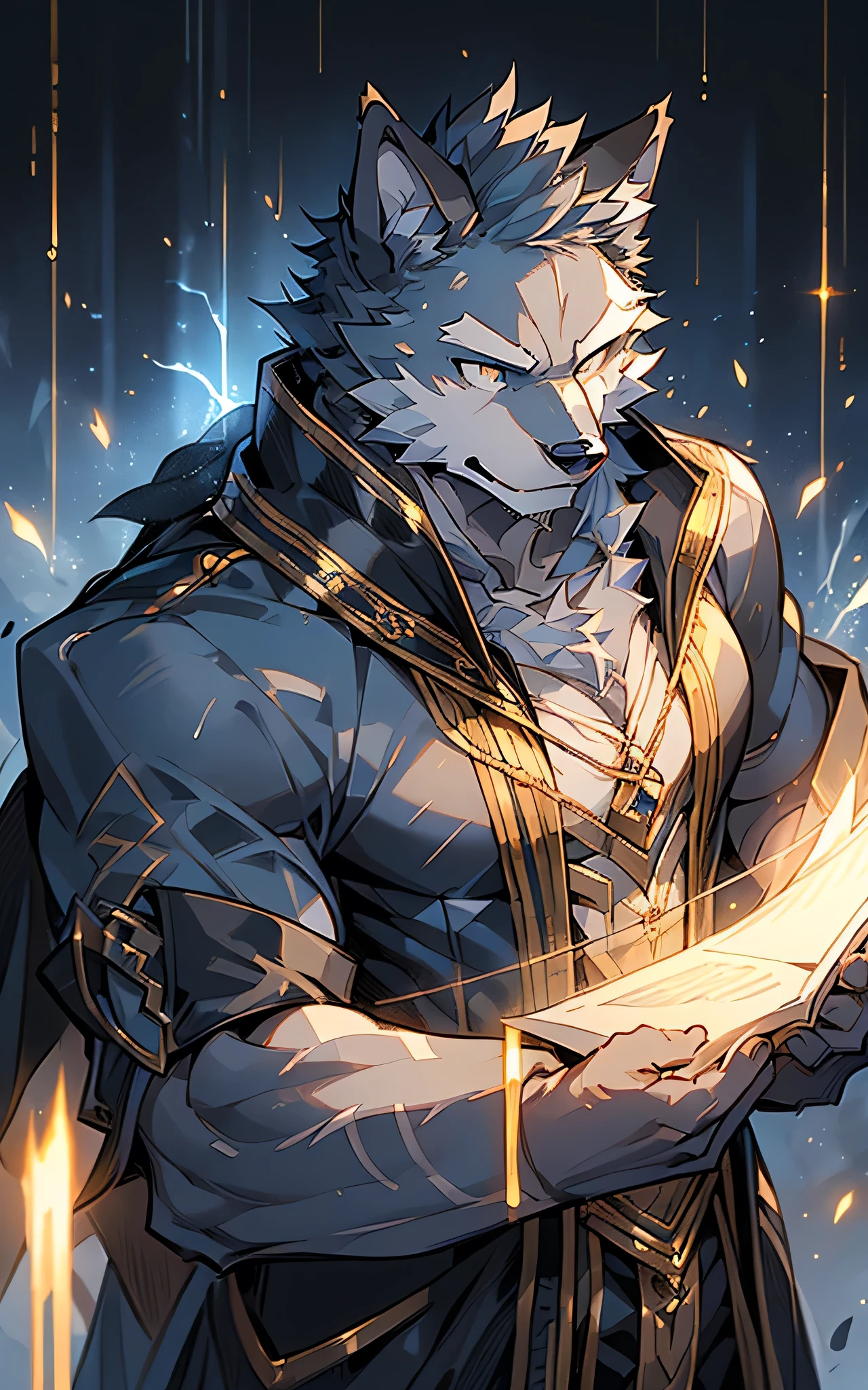 ((best quality)), ((masterpiece)), (detailed), Perfect face,Solitary,Beast field,night,fantasy,rain,thunder,Black fur,Gold Stripes,Anthropomorphic Black Wolf.Wearing a robe that fits his muscles, A long blue cape draped over his shoulders.Golden Eyes,magic,Wizard wearing a hood