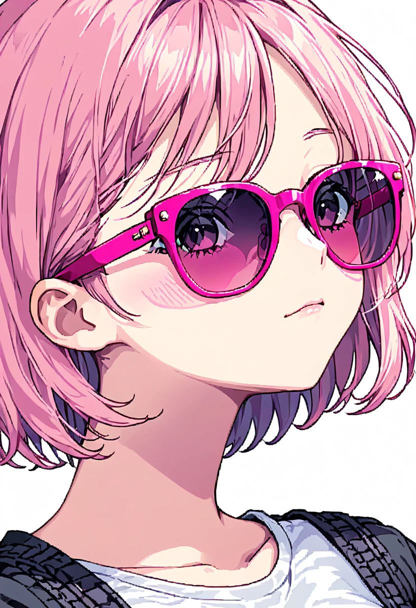 high quality, pixel art, one girl, pink, sunglass , upper body, white background