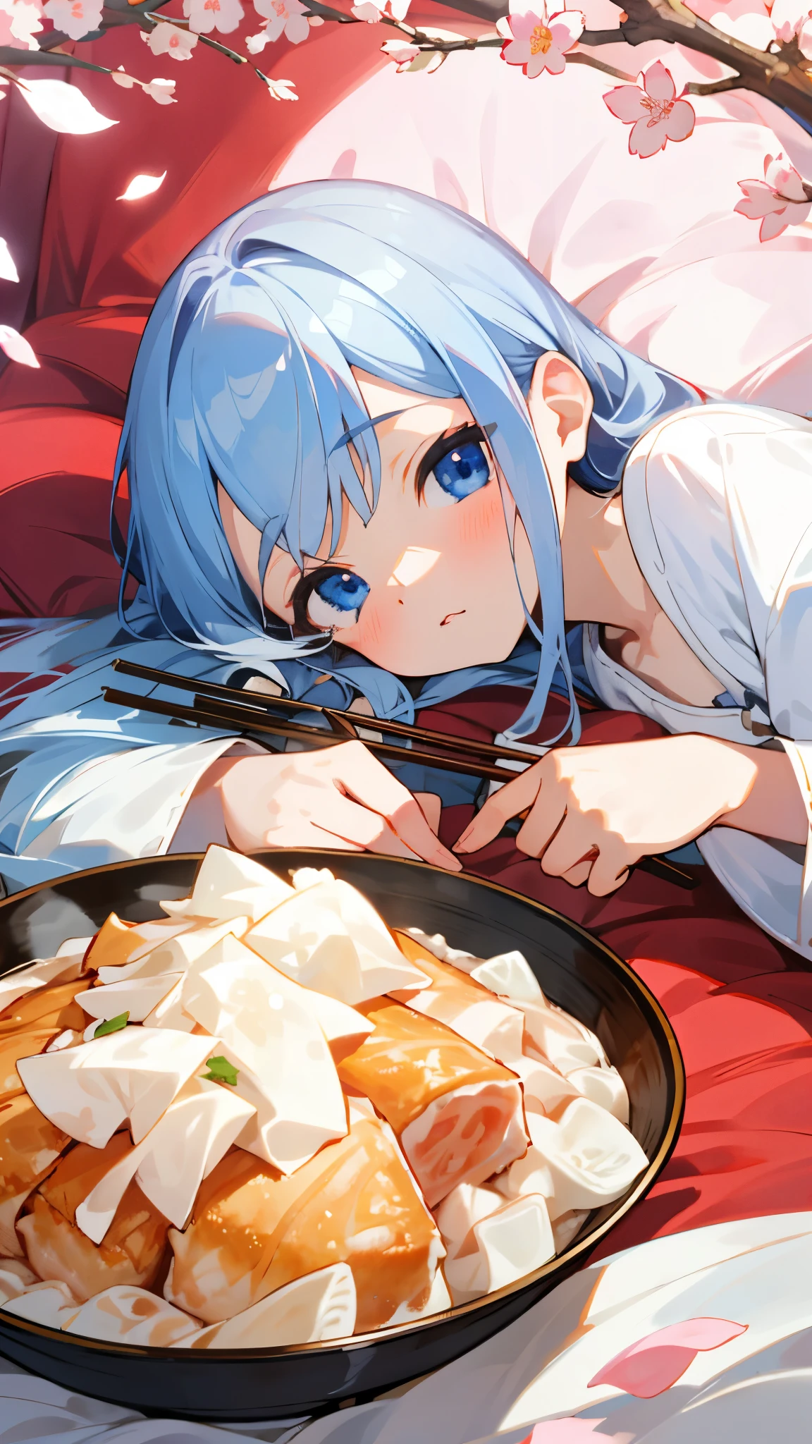 （Highest quality，masterpiece，Surreal），Silver Hair、blue eyes、Lying on the futon、Eat katsudon、looks delicious、Holding chopsticks in your right hand、Beautiful and delicate girl portrait，Playful and cute，Background Petals fluttering，