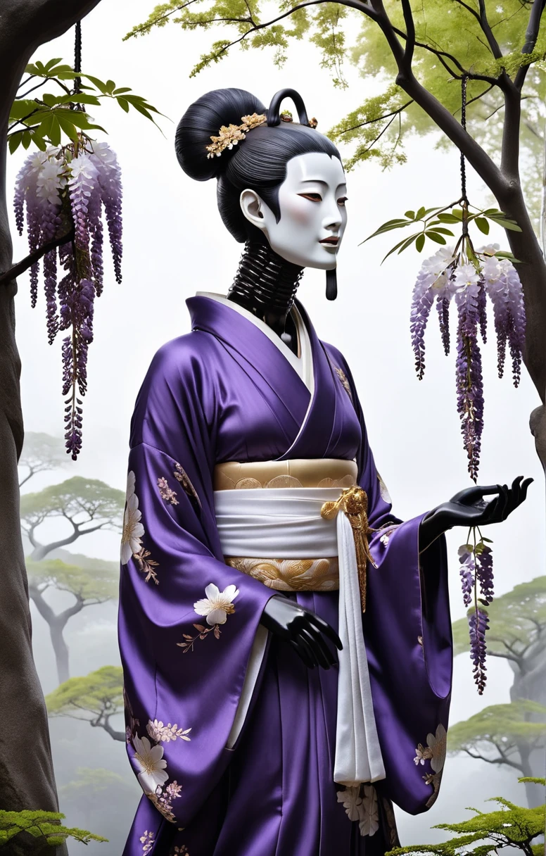 A masterpiece, high-quality (1.2) illustration of Ashikaga Flower Park, a beautiful park known for its flowers, especially the wisteria that attract many tourists in spring. In the scene, there is a black, hard, otherworldly humanoid figure with a large head and a 1-meter long neck. The figure is dressed in a kimono, with a protruding chin and the skin resembling plaster. The figure looks surreal and out of this world, adding an eerie atmosphere to the beautiful park. The scene is highly realistic and detailed, capturing the serene beauty of the park with the unsettling presence of the humanoid figure.

