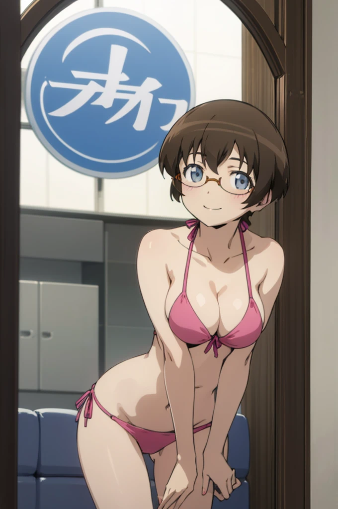 solo, 1girl, looking at viewer, ,bikini, manami tamura, , smile,,,leaning forward,big breasts,cleavage,cowboy shot