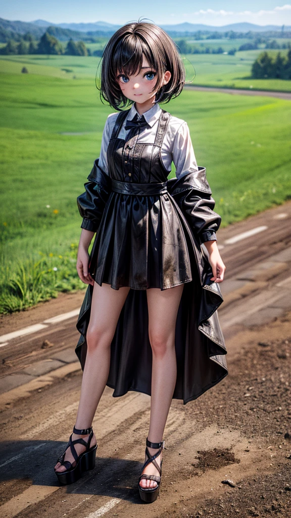 young country , tomboy, ((tall open-toed platform high heels)), countryside, dirt road, short black hair, dirty, 3d, HD