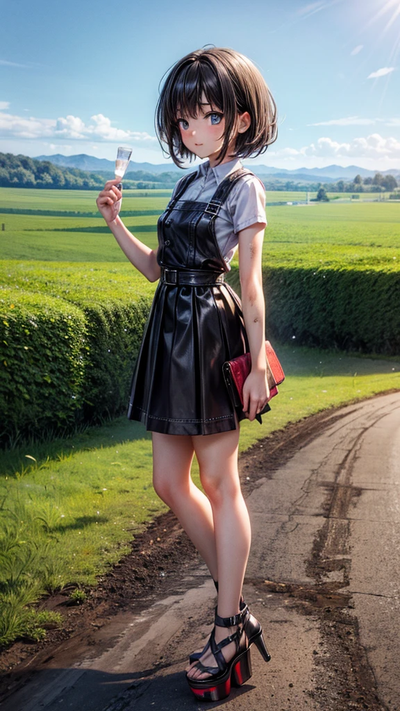 young country teen, tomboy, ((tall open-toed platform high heels)), countryside, dirt road, short black hair, dirty, 3d, HD