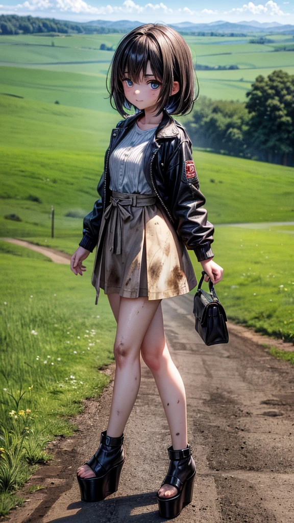 young country , tomboy, ((tall open-toed platform high heels)), countryside, dirt road, short black hair, dirty, 3d, HD
