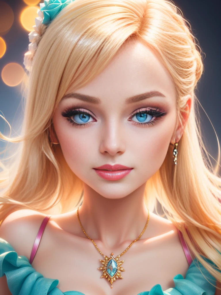 Bright and glamorous portrait of a Barbie doll with impeccable details., capture her elegance and charm in high definition computer graphics.. Radiant and flawless, the doll has a stylish outfit, stunning blue eyes, and perfectly styled (blonde hair:1.2). Soft lighting enhances its beauty., and a slight shine adds a touch of magic. On a dreamy background, filled with pastel colors and delicate colors., The composition creates a whimsical and enchanting atmosphere.