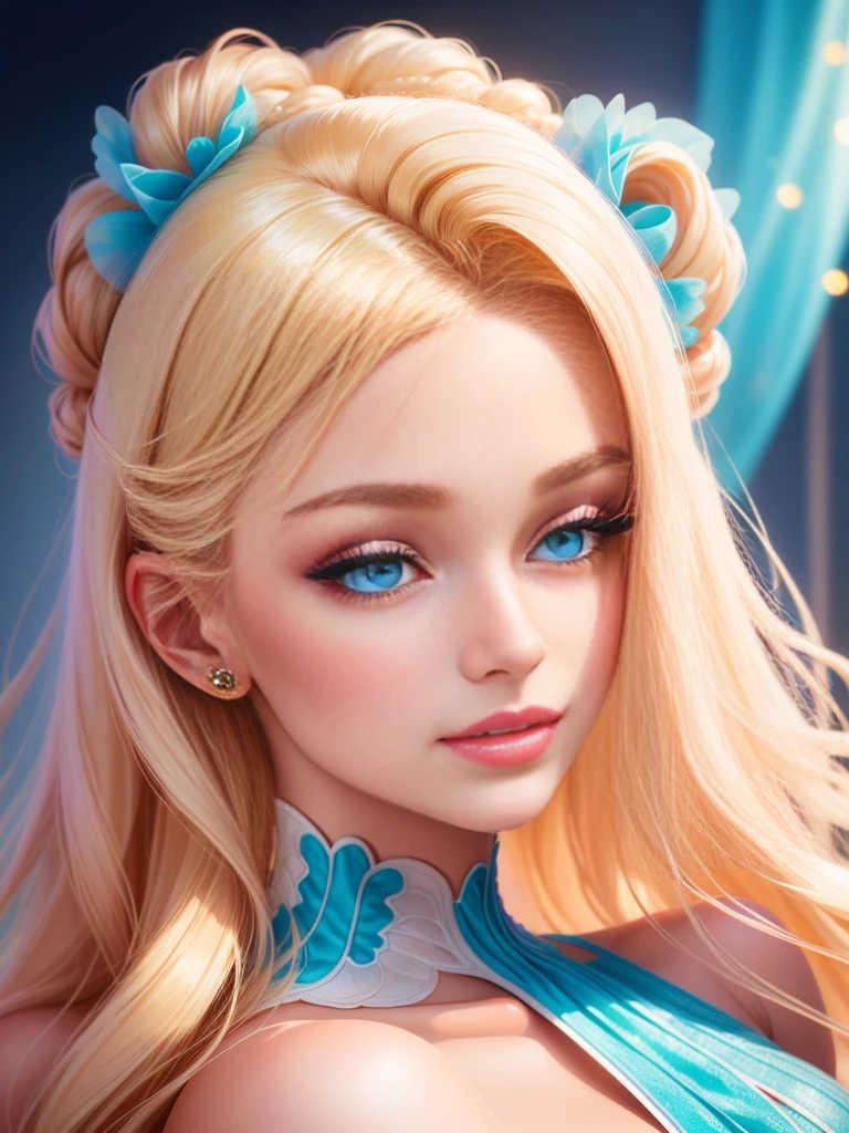 Bright and glamorous portrait of a Barbie doll with impeccable details., capture her elegance and charm in high definition computer graphics.. Radiant and flawless, the doll has a stylish outfit, stunning blue eyes, and perfectly styled (blonde hair:1.2). Soft lighting enhances its beauty., and a slight shine adds a touch of magic. On a dreamy background, filled with pastel colors and delicate colors., The composition creates a whimsical and enchanting atmosphere.