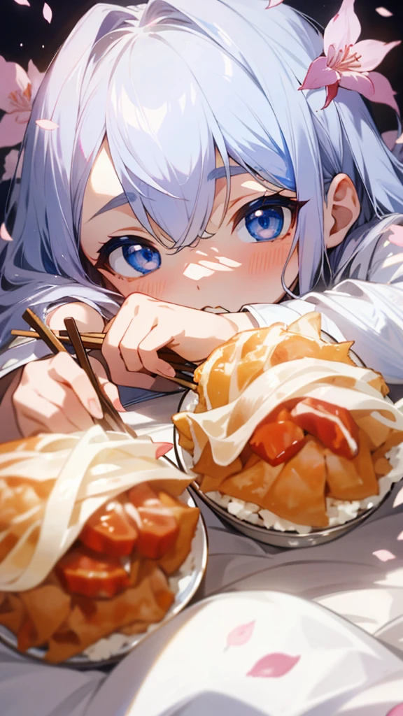 (Highest quality,masterpiece,Surreal),Silver Hair、blue eyes、Lying on the futon、Eat katsudon、looks delicious、Holding chopsticks in your right hand、Beautiful and delicate girl portrait,Playful and cute,Background Petals fluttering,