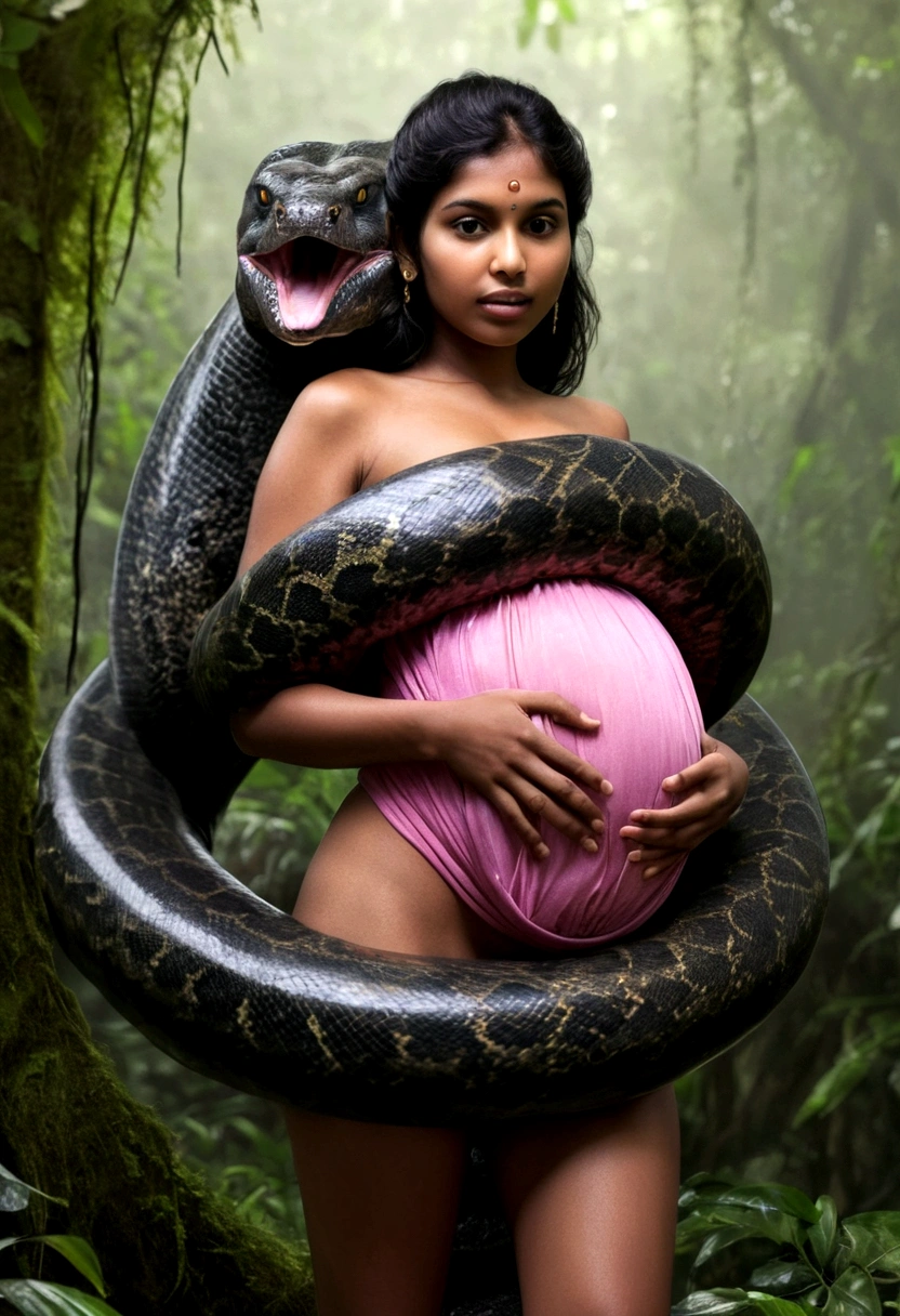 Pregnant Topless pink thong wearing aroused beautiful happy young Indian teen vs Giant colossal black anaconda monster wrapped around her body squeezing her in coiled embrace cuddling and kissing sexual erestialix realhe rainforesull body, best quality wet