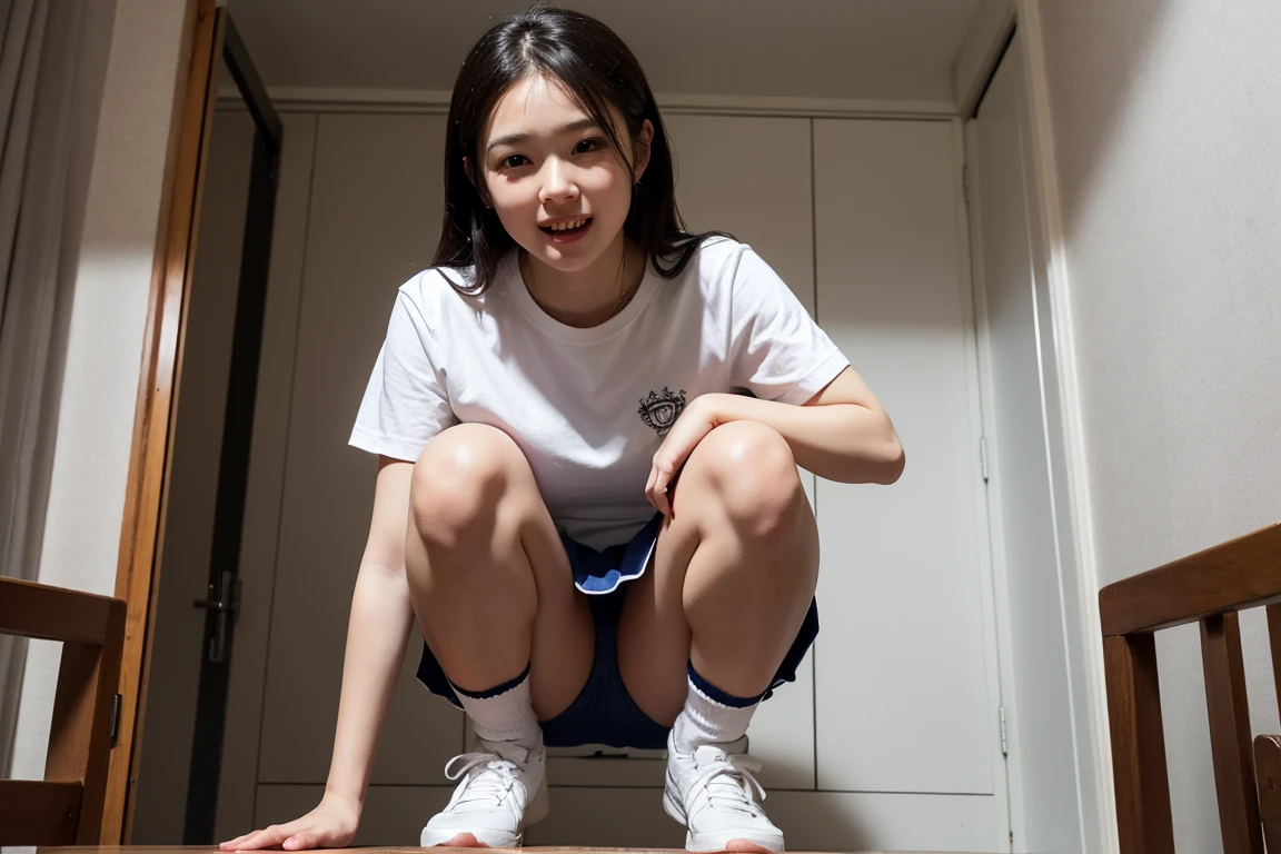 Squatting,from the front, {{{Showing panties:2.0}}},Pay attention to the panties,School Shirt,, Wide-angle
 ,(Masseter muscle area, Highest quality),Absurd, (Three Girls),Squat,eight-headed body, School locker room, mini skirt,, Pleated skirt,Dark blue Pleated skirt,{{White loose socks}},Browsing Caution,Looking down at the viewer,Grin,It was scary,Frowning,{Clenched_teeth:1.1},{Shadowed face},((Tabletop,High resolution)), Best lighting, Best Shadow,Low angle,Shoot from below,break (Tabletop:1.2), Highest quality, High resolution, unity 8k wallpaper, (figure:0.8), (Beautiful fine details:1.6), Highly detailed face, Perfect lighting, Highly detailed CG, (Perfect hands, Perfect Anatomy)