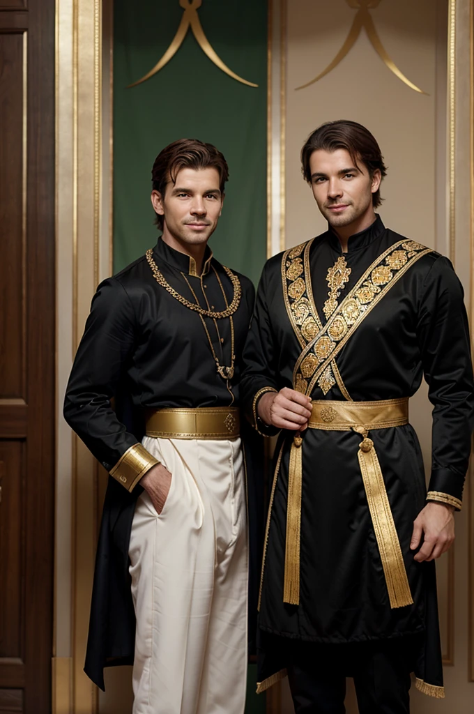 Michael young Byzantine Emperor, and Basil standing together, Michael looking happy and Basil with an ambiguous smile.