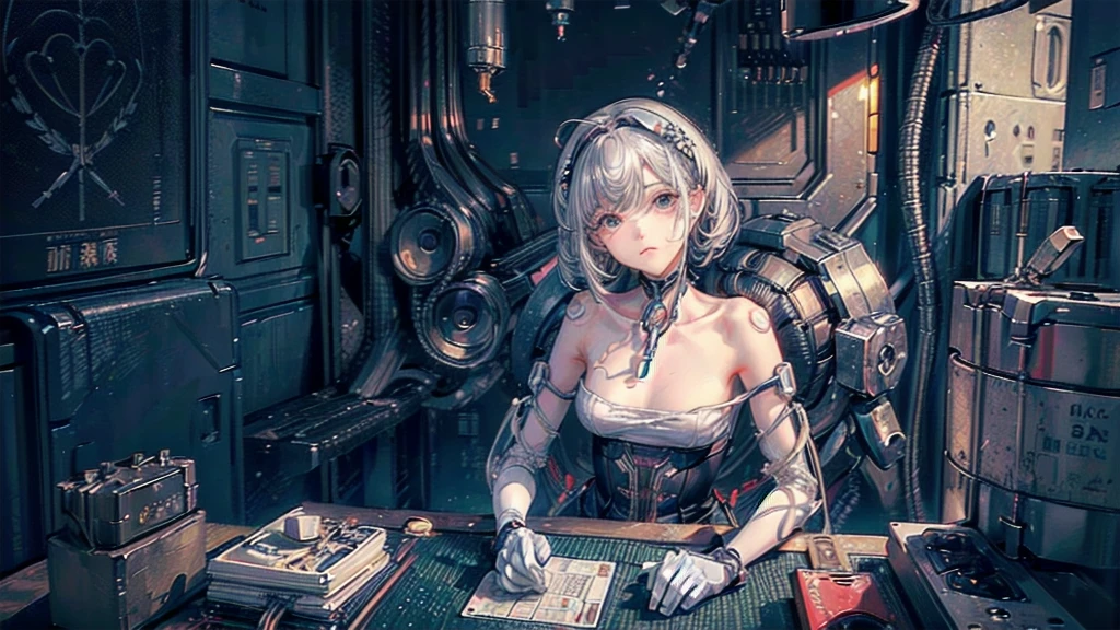 (((masterpiece))), (((Highest quality))), ((Very detailed)), (Highly detailed CG illustrations), ((Very delicate and beautiful)),(Cute and delicate face),Light,((1. Machine Girl)),alone,whole body,(Machine made joints:1.4),((Mechanical Limbs)),(Muscle swelling),(The container is connected to a tube),(Brain in a container:1.3),((Mechanical vertebrae attached to the back)),((Mechanical cervical spine attached to the neck)),((Sitting)),poker face,(Wires and cables attached to head and body:1.5),Small breasts,short hair,(Character Focus),SF,Lying down,Dark shortcuts,Centering shortcuts,A devastated society,alone,