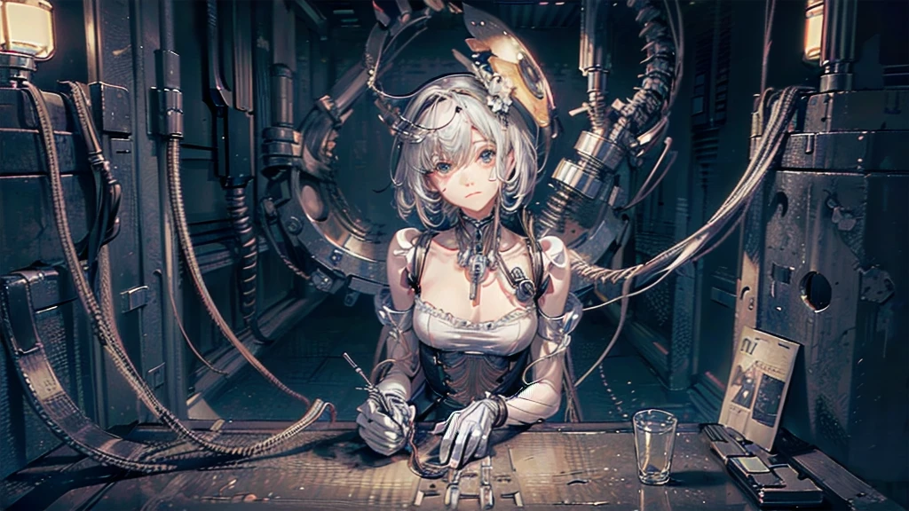 (Masterpiece, Top Quality, Best Quality, Official Art, Beauty and Aesthetics: 1.2), (1 Girl: 1.3), Red Hair, Extremely Detailed, Colorful, large breast, Supreme Details ((Ultra Detailed)), (Highly Detailed CG Illustration), ((Extremely Delicate and Beautiful)), (From the Side), Cinematic Light, 1 Girl, Solo, Full Body, (sitting), feel sad, crying, tears, (Wire and cable on the head: 1.2), (Character Focus), bare arms and legs, Mecha, Armor, White Robe, Science fiction, in factory,