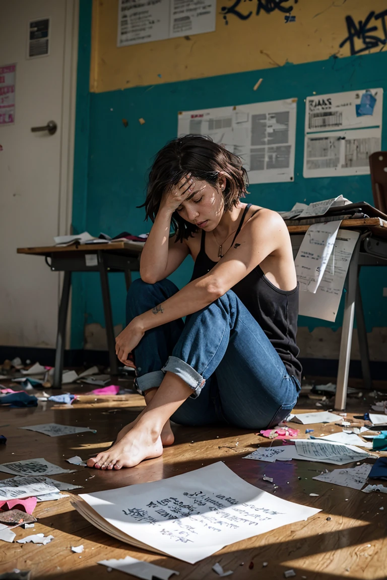 shot by Sony a7 IV Mirrorless Camera, natural light, analog film photo, Kodachrome ,A young woman with short, tousled hair sits dejectedly on the floor of an abandoned classroom, her shoulders slumped and her head hung low. The room is a chaotic mess, with broken desks, scattered papers, and graffiti-covered walls, reflecting the woman's inner turmoil.

