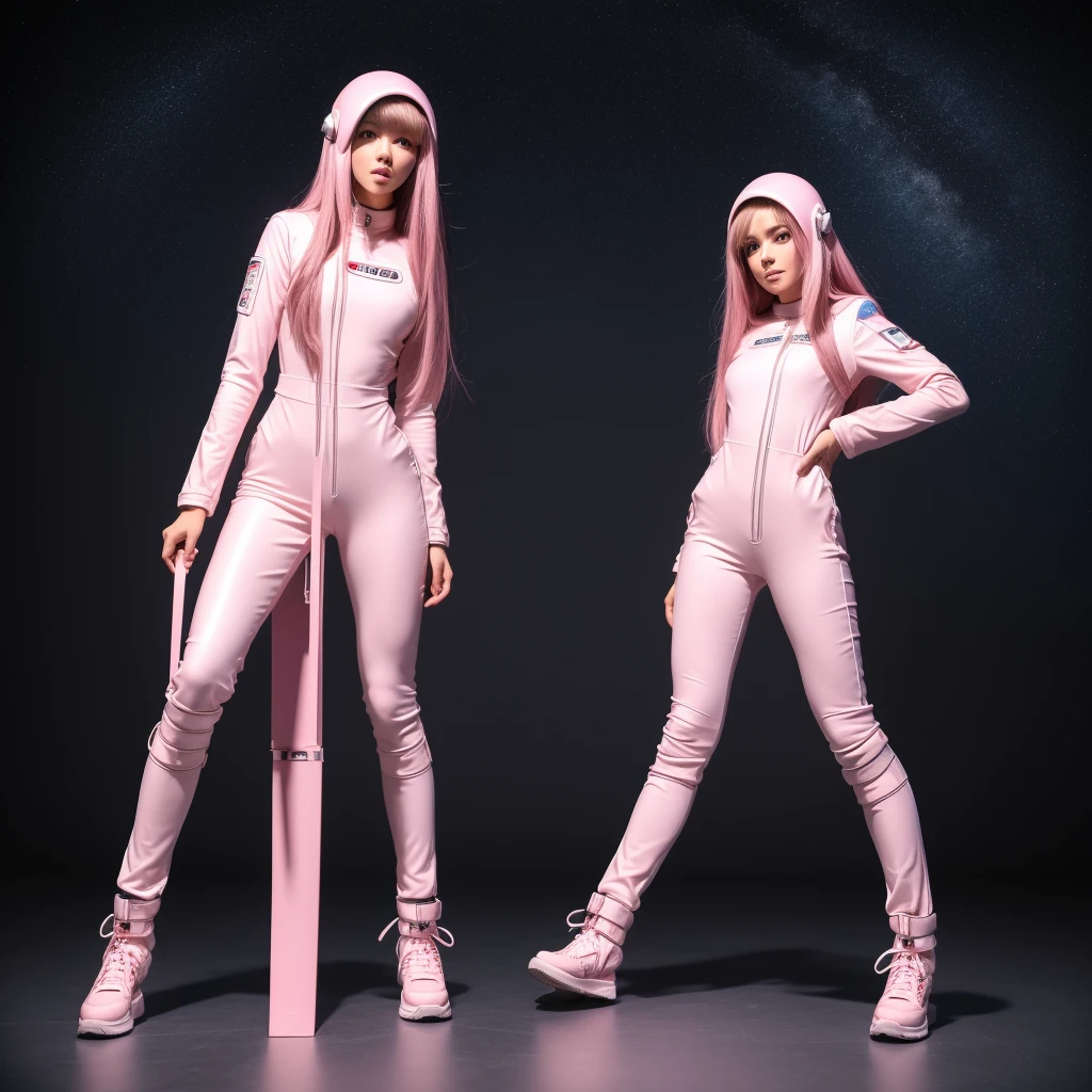 masterpiece, best quality, (detailed background), (beautiful detailed face, beautiful detailed eyes), highres, ultra detailed, masterpiece, best quality, detailed eyes, full body, 1_girl, cyberpunk scene, standing dynamic pose, long pink hair, slender figure, slender legs, slender hips. Her tight space suit shows off her figure, while her small breasts and large moon boots give her a unique and diverse look. With her big space helmet and jet pack, she is the epitome of a fearless space explorer.