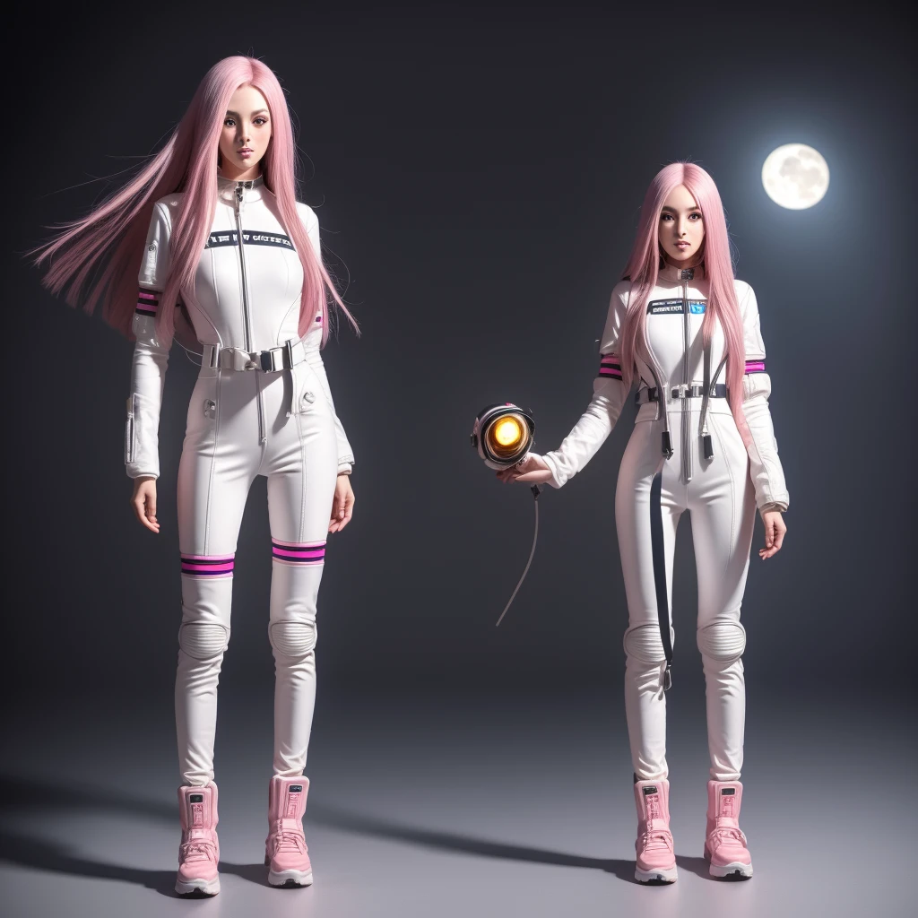 masterpiece, best quality, (detailed background), (beautiful detailed face, beautiful detailed eyes), highres, ultra detailed, masterpiece, best quality, detailed eyes, full body, 1_girl, cyberpunk scene, standing dynamic pose, long pink hair, slender figure, slender legs, slender hips. Her tight space suit shows off her figure, while her small breasts and large moon boots give her a unique and diverse look. With her big space helmet and jet pack, she is the epitome of a fearless space explorer.