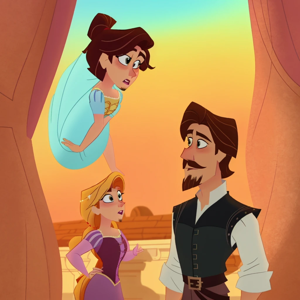 in the 2d style of Disney's Rapunzel's tangled adventure. Cartoony, colorful, painted. No outlines, warm tones nice beard, A African-American man with a low, short hair and a dark brown eyepatch. Dress him in clothing that reflects the era of Tangled: breeches, a tunic, and a fitted vest in rich jewel tones. dark brown pants, cartoony nose, bleeding scar underneath eyepatch tall and skinny
