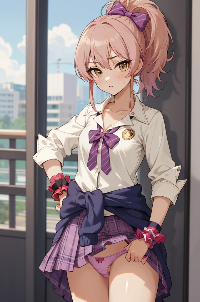 masterpiece, best quality, highres, aamika, ponytail, hair bow, collarbone, ,, bowtie, collared shirt, white shirt, sleeves rolled up, wrist scrunchie,, clothes around waist, plaid skirt, purple skirt, standing, cowboy shot, outdoors,(((lift skirt,panties,gyaru))),looking viewer