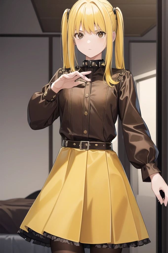Mass Manager, Stop 4, Twin tails, (Brown eyes:1.5), (Yellow Hair:1.5), Side Lock, Long Hair,
break skirt, pantyhose, No sleeve, belt, cross, Frilled Skirt, Gothic, collar, spiked collar,
break indoors, bed,
break looking at viewer, (Cowboy Shot:1.5),
break (masterpiece:1.2), Highest quality, High resolution, unity 8k wallpaper, (figure:0.8), (Beautiful attention to detail:1.6), Highly detailed face, Perfect lighting, Highly detailed CG, (Perfect hands, Perfect Anatomy),