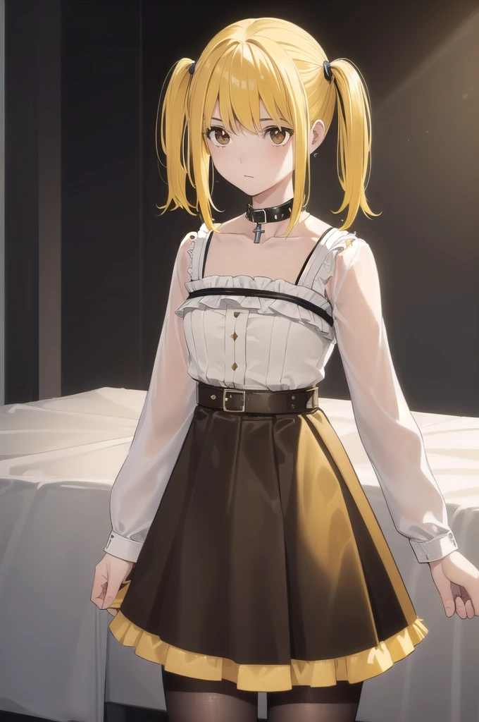 Mass Manager, Stop 4, Twin tails, (Brown eyes:1.5), (Yellow Hair:1.5), Side Lock, Long Hair,
break skirt, pantyhose, No sleeve, belt, cross, Frilled Skirt, Gothic, collar, spiked collar,
break indoors, bed,
break looking at viewer, (Cowboy Shot:1.5),
break (masterpiece:1.2), Highest quality, High resolution, unity 8k wallpaper, (figure:0.8), (Beautiful attention to detail:1.6), Highly detailed face, Perfect lighting, Highly detailed CG, (Perfect hands, Perfect Anatomy),