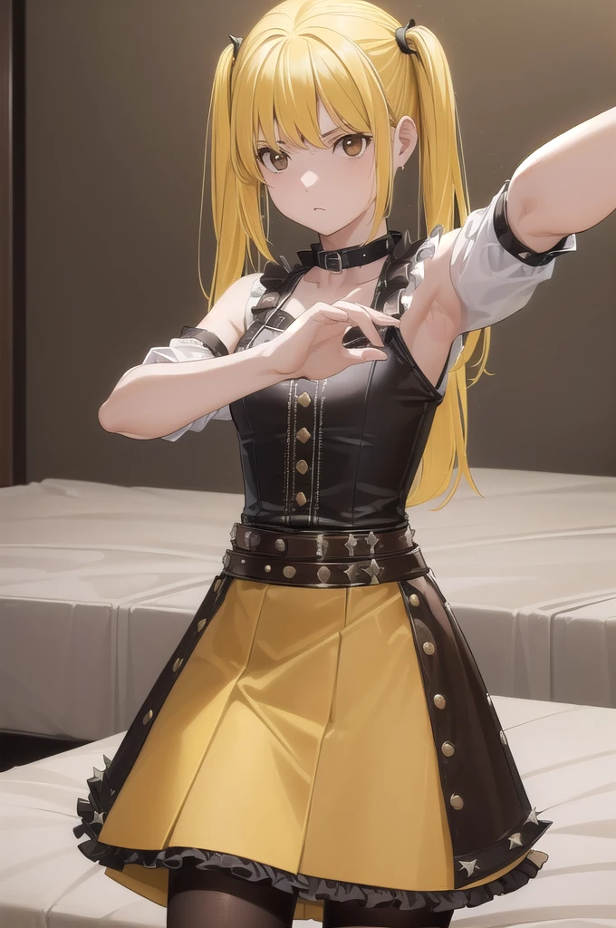 Mass Manager, Stop 4, Twin tails, (Brown eyes:1.5), (Yellow Hair:1.5), Side Lock, Long Hair,
break skirt, pantyhose, No sleeve, belt, cross, Frilled Skirt, Gothic, collar, spiked collar,
break indoors, bed,
break looking at viewer, (Cowboy Shot:1.5),
break (masterpiece:1.2), Highest quality, High resolution, unity 8k wallpaper, (figure:0.8), (Beautiful attention to detail:1.6), Highly detailed face, Perfect lighting, Highly detailed CG, (Perfect hands, Perfect Anatomy),