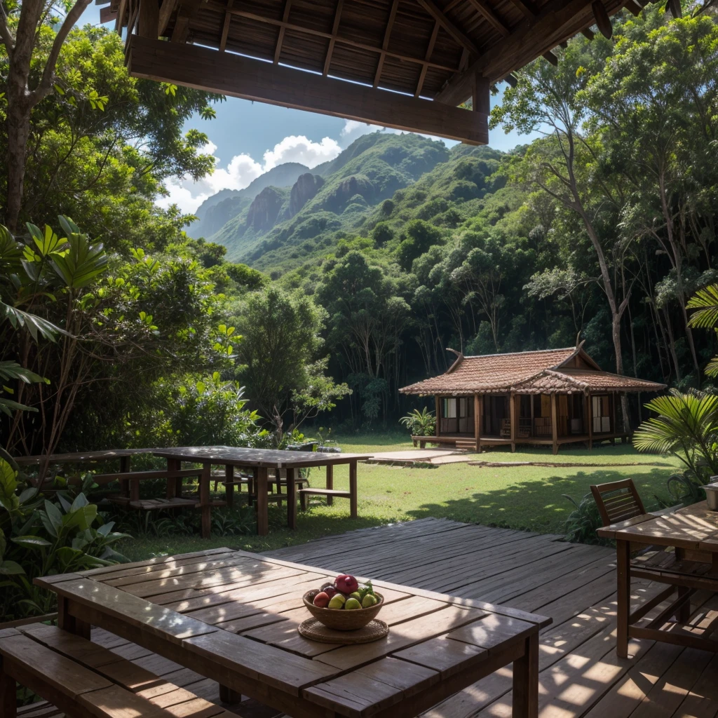 o Multiverso Transcendente, bokeh, scenario, resplendent location design,ensolarado, um ferro, aldeia rural das Seychelles, paleta de cores limitada