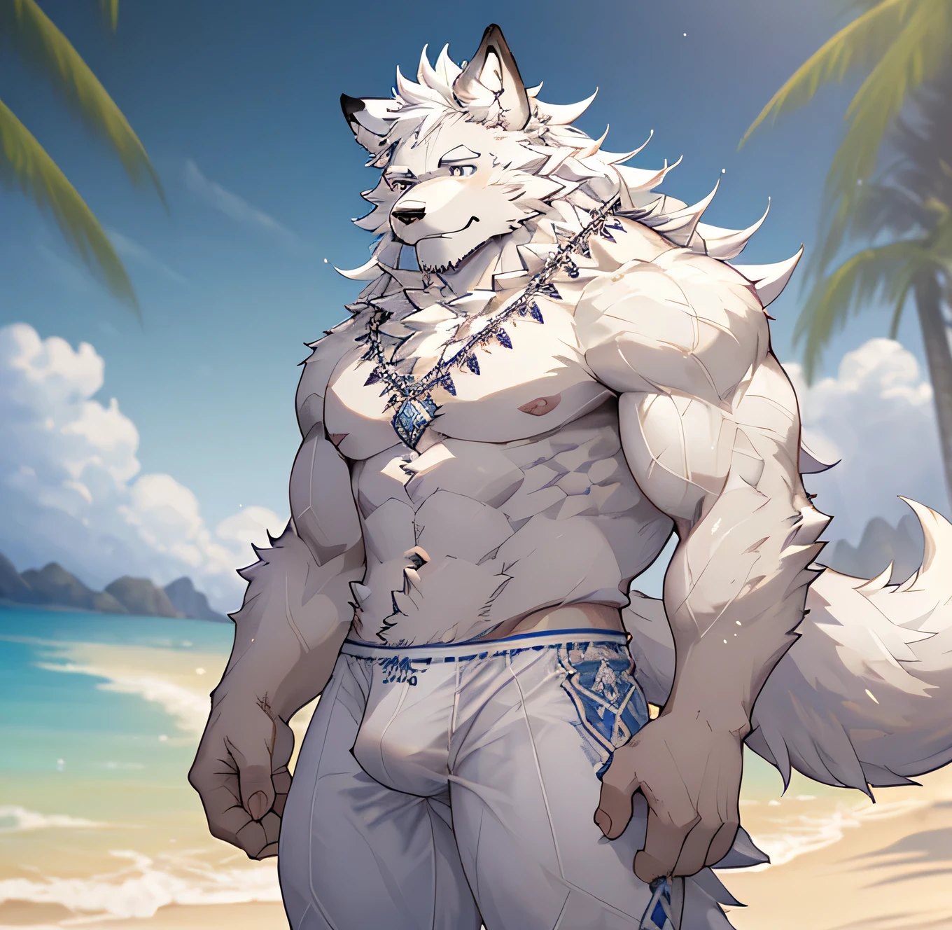 Anthropomorphic wolf,masterpiece, Solitary, Delicate face, 32 years old adult, hairy, male, Handsome, full-body shot,Strong, Very detailed, Expressive, Dramatic lighting, Epic Background, Intricate details, Ray tracing,Beach Background,white hair,White skinny briefs,Shy expression