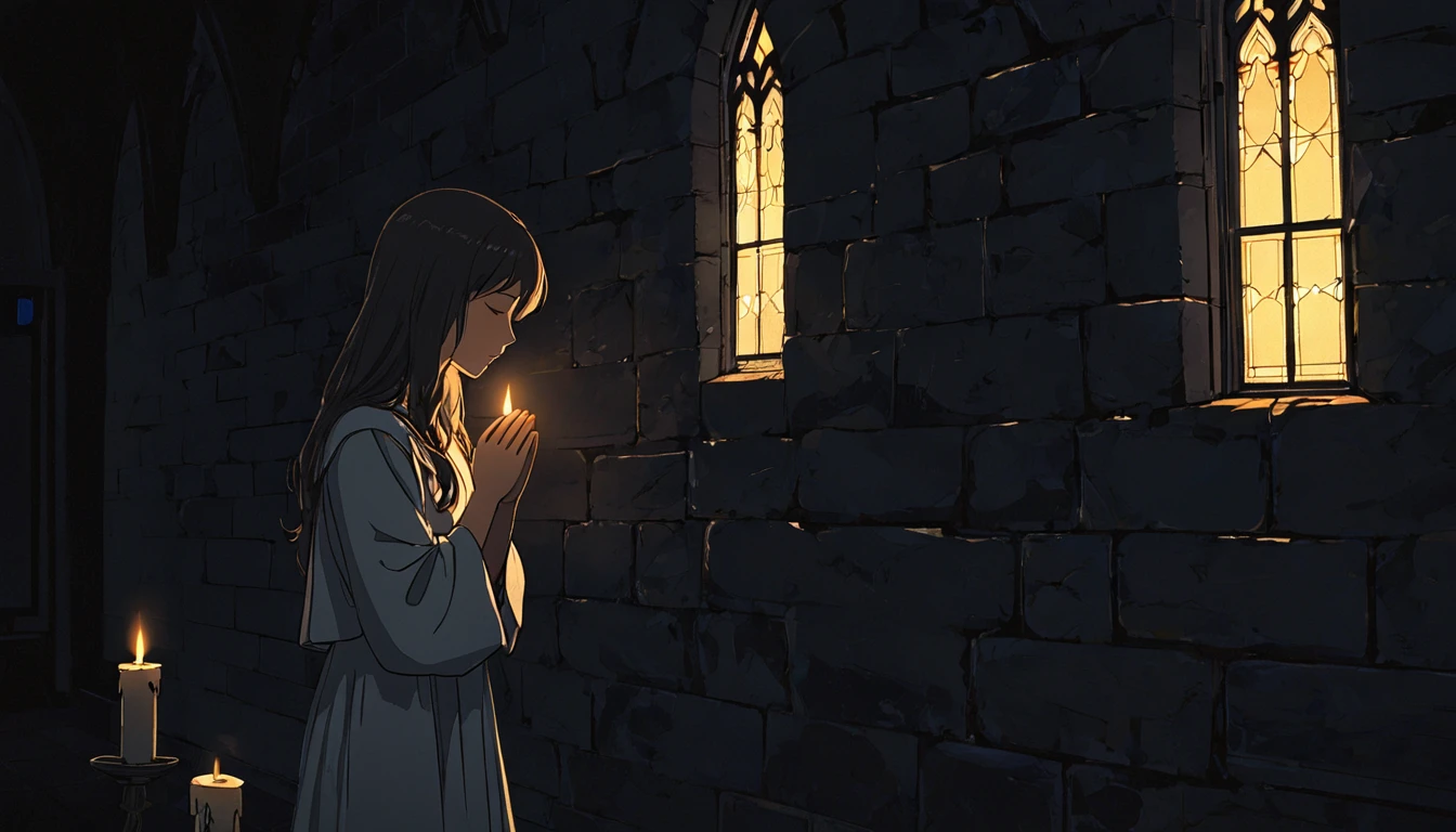 High definition animation. A girl is kneeling in a slightly dark church. The girl closes her eyes, sees Jesus hanging on the wall, and prays with her hands together. One window. Candlelight, half-body shot of girl, side view. Light from the window illuminates the girl's face.