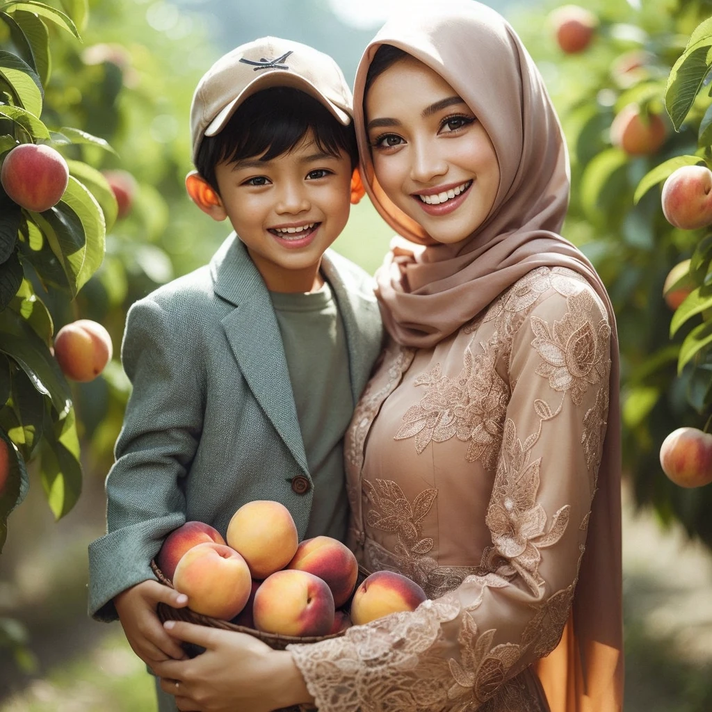 A beautiful girl wearing a light brown kebaya with a hijab picking peaches and laughing with her 9 year old son, slightly thin, wearing a Korean blazer and baseball cap, typical Indonesian face, green gardens, the effect of dew on the leaves and flower petals is very detailed, the atmosphere depicts the morning with beautiful morning dew drop effect, very realistic image, original photo, front view face looking at the camera, close up, photo from Sony 35mm F/1.8 OSS Alpha E-Mount Prime camera, very sharp resolution, UHD 16K resolution, image very aesthetic, octane rendering ,love