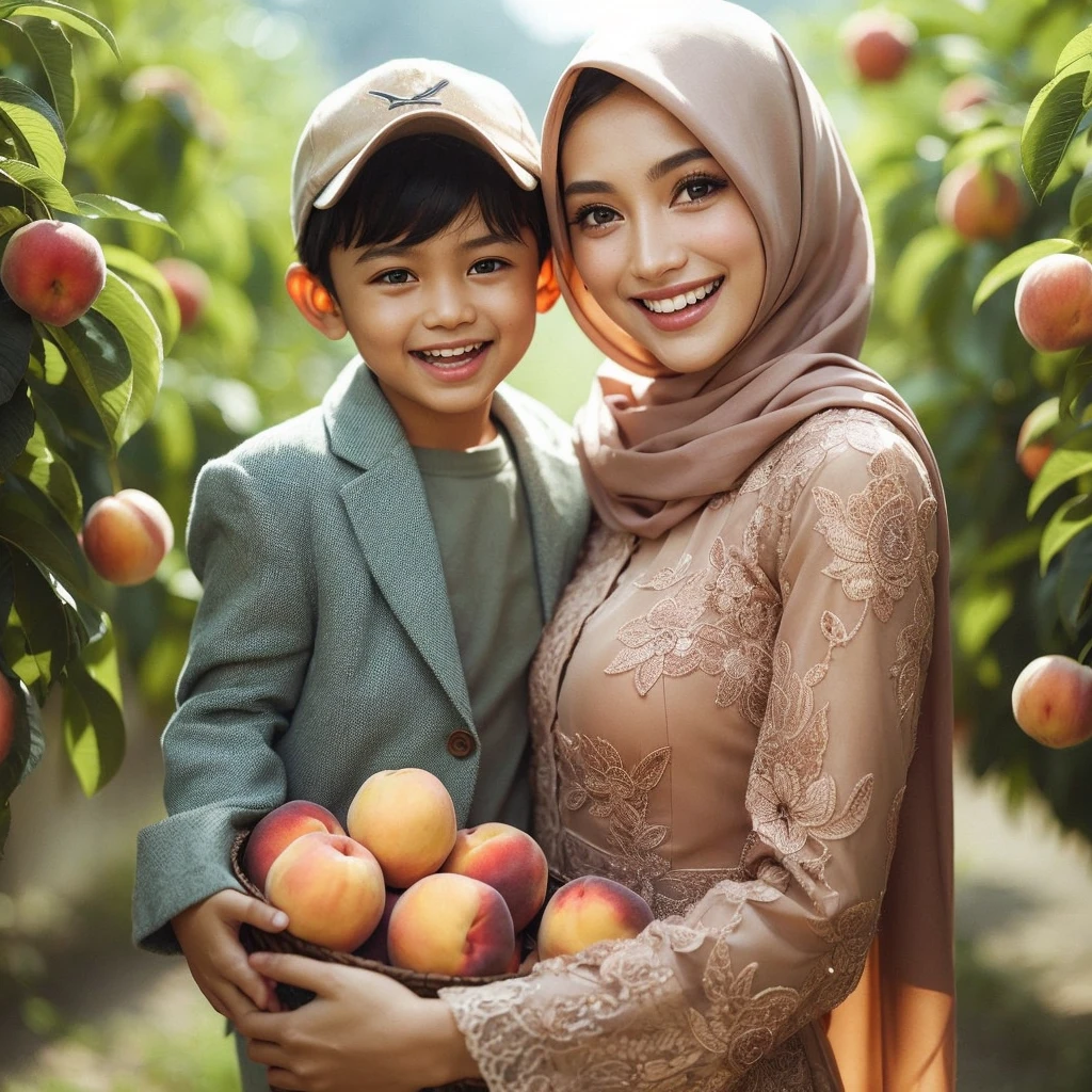 A beautiful girl wearing a light brown kebaya with a hijab picking peaches and laughing with her 9  son, slightly thin, wearing a Korean blazer and baseball cap, typical Indonesian face, green gardens, the effect of dew on the leaves and flower petals is very detailed, the atmosphere depicts the morning with beautiful morning dew drop effect, very realistic image, original photo, front view face looking at the camera, close up, photo from Sony 35mm F/1.8 OSS Alpha E-Mount Prime camera, very sharp resolution, UHD 16K resolution, image very aesthetic, octane rendering ,love 