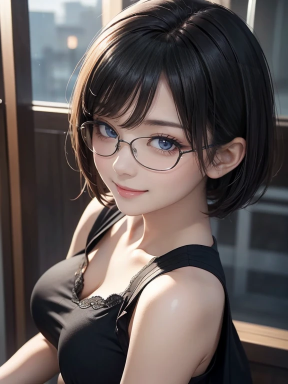 View your viewers,high school girl,Leaning forward,(Random cute clothes),(Random Animation Pose),(Thin type),(Very large breasts),(Black Short Hair)(Pixie Cut),(Best image quality, (8k), Ultra-realistic, 最high quality, high quality, High resolution, high qualityの質感, Attention to detail, Beautiful details, Fine details, Highly detailed CG, Detailed Texture, Realistic facial expressions, masterpiece, in front),(Wear glasses:1.1)