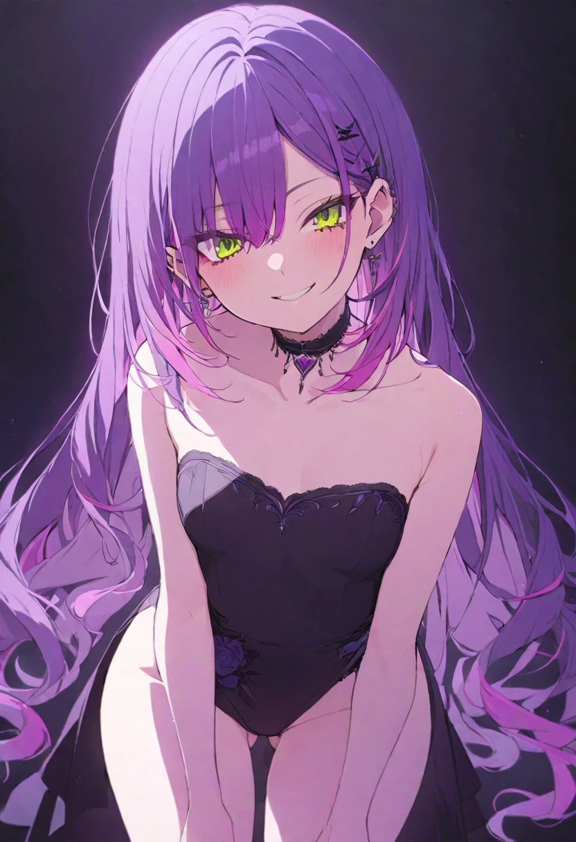 (masterpiece), (best quality), perfect face, beautiful girl, white background background, delicate and beautiful face and eyes, dark intense shadow, 
1 girl, vtuber style, cool girl, hololive, Tokoyami Towa, purple hair, purple evening dress, small chest, cropped shoulders, clavicle, winking, smile, body visible through clothes, chest visible through clothes, ass visible through thighs, High heel, (full body), looking at viewer, standing, 