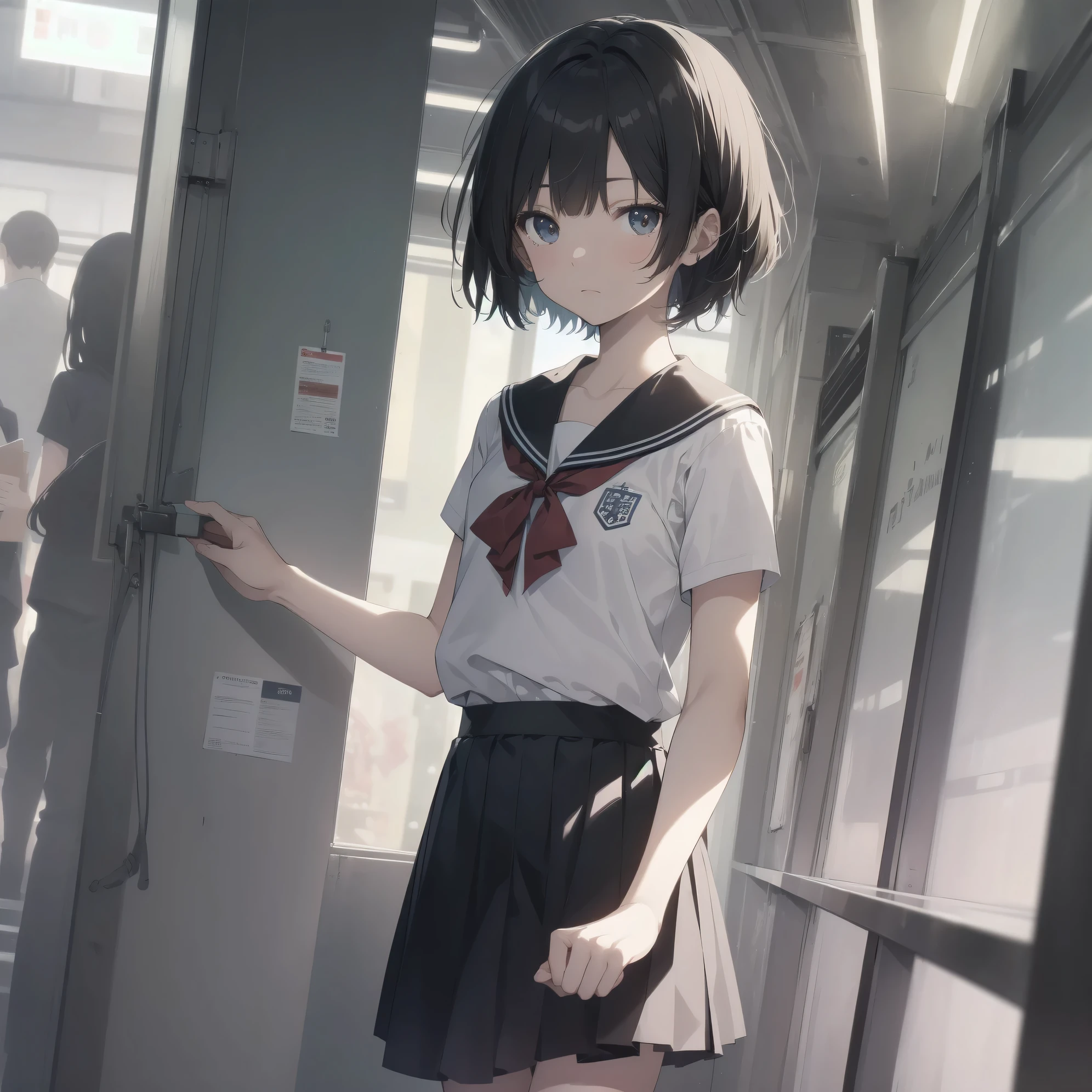 ultra-absurdres-Top quality by artist God, ultra-detailed, high resolution, anime moe artstyle, best anime 8k konachan wallpaper, pixiv contest winner, pool:2810, perfect anatomy,break, 1girl, (Please draw a girl walking sleepily to school alone. )break,(Solo,little female, 13-year-old:1.3),Full limbs, complete fingers,a junior high school student, (very short hair), short cut, flat chest, , small butt, small black eyes, beautiful detailed eyes, well-proportioned iris and pupils, expressive eyes, highres detailed hair, soft expression, salor school_uniform, sailor collar, serahuku, bow, pleated skirt,(Detailed Lighting), (Detailed background), in the School commute route. break,super detailed skin, Best cinematic lighting powered by famous artist, 8k,beauty illustration,photoshop_(medium),very aesthetic,break,((artist:takafumi )), artist:clamp ,artist:carnelian ,artist:kantoku ,