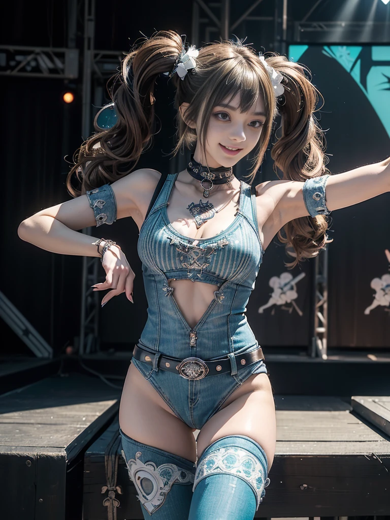 (Full Body View:1.2)、(Side view:1.1)、(Smiling with teeth showing:1.3),(Shibuya Gal:1.5)、(Gothic Lolita style fashion:1.5)、(Punk RockVisual Kei:1.5)、(Wearing a rhythmic gymnastics bodysuit with intricate details:1.4)、(Racing suit and pants with intricate white, denim and turquoise decorations:1.5)、(Denim with turquoise and white boots:1.3)、((belt))、(Numerous delicate logo marks all over the costume:1.4)、(collar:1.3)、(Striped underwear:1.5)、20-year-old、NSFW、((Highest quality、In 8K、masterpiece:1.3))、Sharp focus:1.2、(Layered Cut、Huge boobs:1.1),Beautiful woman with perfect figure:1.4、(Doing an aerobics pose:1.3)、Slender Abs:1.2、Highly detailed face and skin texture、Detailed eyes、double eyelid,(Twin tails:1.3)、(Brown-golden hair:1.3)、Gravure idol、(The background is the stage of the fashion show:1.3)、(Slim body:1.3),(Make your legs thinner:1.4),（clavicle:1.1）、(Thin thighs:1.2)