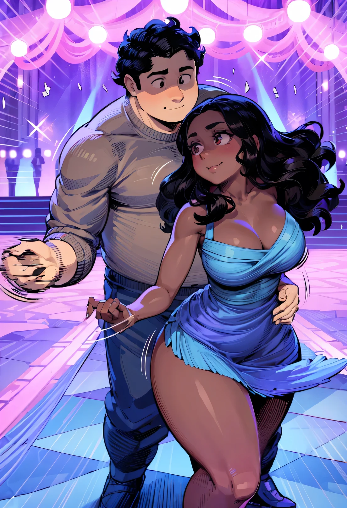 Hdr, masterpiece,4K, ray tracing, best quality, 1boy, 1girl, steven quartz universe, connie maheswaran,  face to face,enamored couple, passionate sensuality, nightclub background, erotic dancing, couple focused,  couple dancing together, highly-detailed animation, beautiful aesthetic, detailed smooth textures, motion lines,  incredible absurdres,  sharp gradients, deep highlights,  unreal engine,  incredibly detailed,  dynamic lighting, carnality,
dynamic perspective,  dynamism, brilliant shading, sensual  shadowing,  sensuous atmosphere,  intricate fabric details, amazing skin, perfect hands, perfect, perfect eyes,  steven quartz universe, age 23, fat man, handsome, wavy black hair, strongman waist, deep brown eyes, round face,  urban masculine rave outfit, connie maheswaran,  age 22, salacious rave girl, blue fire decal urban  rave minidress,  perfect square physique,  beautiful detailed black eyes, flowing, shining, wavy black hair, toned,  wide hips, firm chest, hypnotic hips, salaciously smiling, looking over shoulder