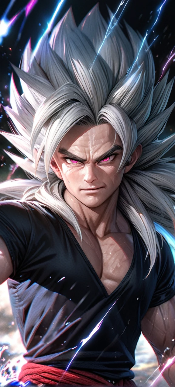 Gohan, Adult man with long hair Neon whites extremely muscular, defined muscles full of veins, dark blue colored clothing, sadistic smile, neon red eyes, scratches all over the body, muscle definition, unreal engine 5.8k.