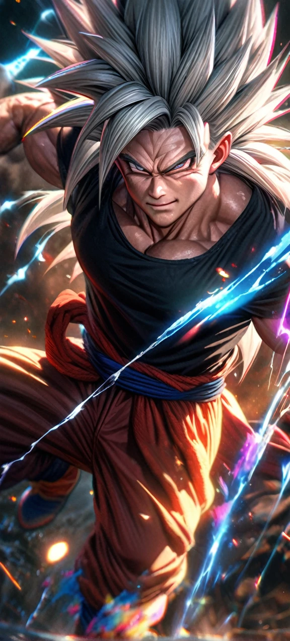 High quality, ultra realistic,absurdres, highres, ultra detailed, HDR, masterpiece, extremely detailed face and eyes, super saiyan 5 goku , dragonball,,long white hair ,black shirt , solo, ,man, handsome, , , Epic fight scene, colorful splashing effect,colorful lightning effect,glowing glitters ,