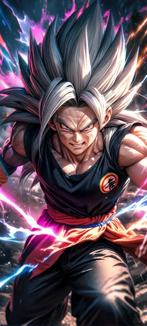 High quality, ultra realistic,absurdres, highres, ultra detailed, HDR, masterpiece, extremely detailed face and eyes, super saiyan 5 goku , dragonball,,long white hair ,black shirt , solo, ,man, handsome, , , Epic fight scene, colorful splashing effect,colorful lightning effect,glowing glitters ,
