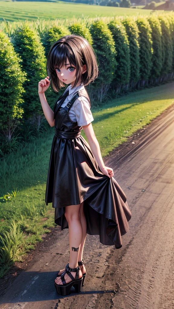 young country , tomboy, ((tall open-toed platform high heels)), countryside, dirt road, short black hair, dirty, ((3d, HD))