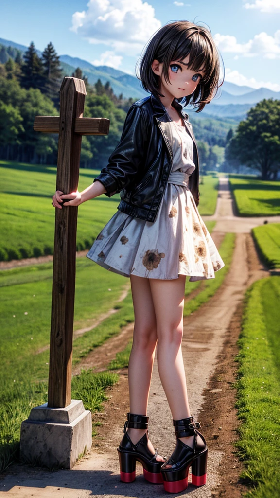 young country teen, tomboy, ((tall open-toed platform high heels)), countryside, dirt road, short black hair, dirty, ((3d, HD))