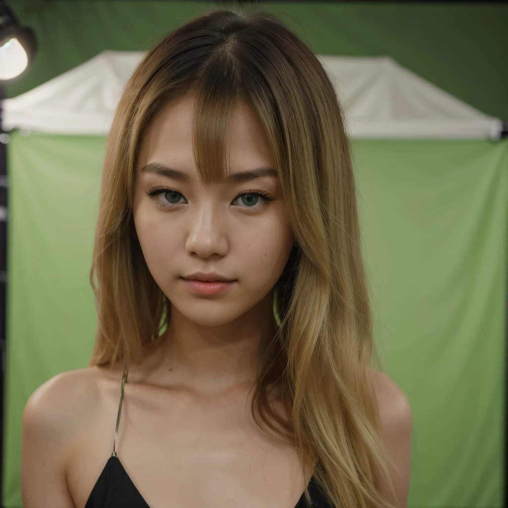 Line green screen in background. an eye contact of a blond with shoulder length hair and dark theme. Half American half chinese really cute, 18 years old, soft skin