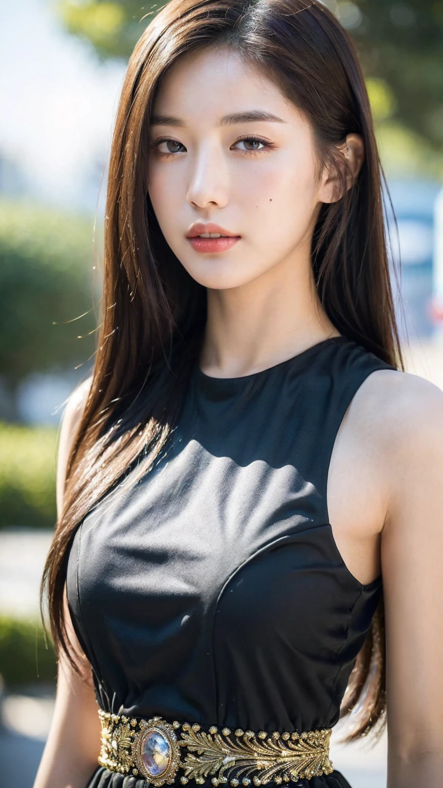 ((Best quality, 8K, masterpiece:1.3))，1girl，18 years old，Asian，Real texture:1.3，(Background blur:1.3)，Gorgeous long dress，Tall and slender figure:1.2，(Hot summer weather)，（street:1.3），Highly detailed face and skin textures，Exquisite eyes，Long eyelashes，Double eyelids，Skin Whitening，happy