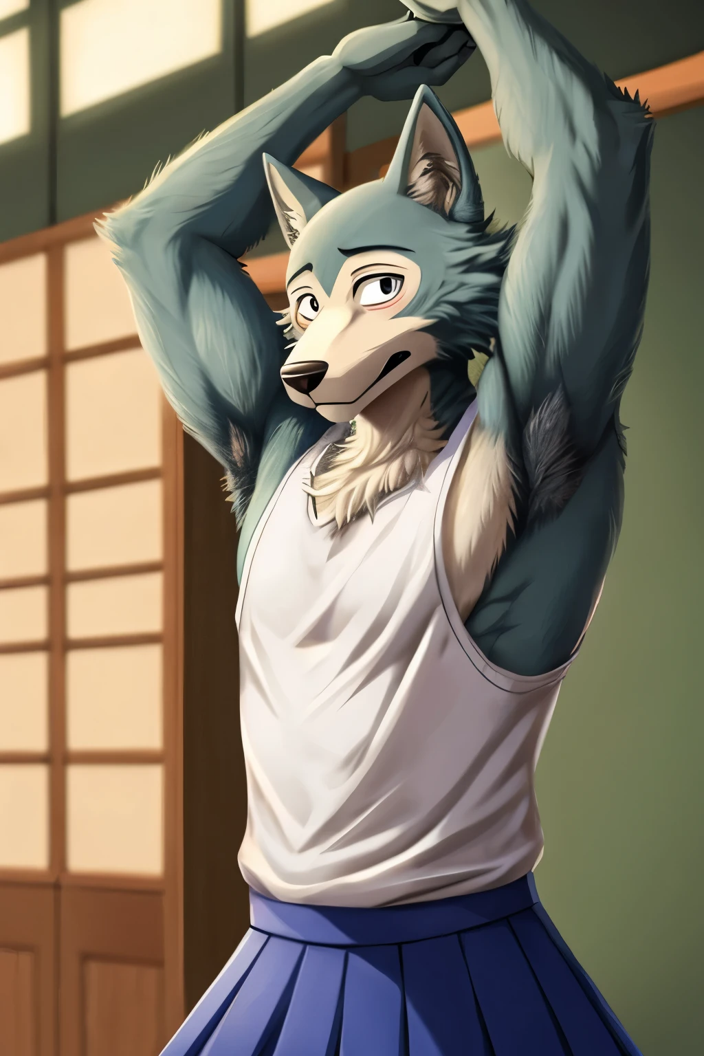 Male, wolf, legoshi, beastars, shy expression, masculine, raised arm, showing armpit, hairy armpit, Japanese , school outfit, white sleeveless shirt, small blue skirt 