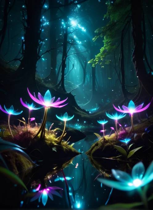 bioluminescent forest plants,fabulous night forest,magical radiance,Concept art,depth of field,Raw photo,realistic,cinematic lighting,soft shadows,sharp focus,fractal,colorful,depth of field,best quality,16k resolution,vivid colors,volumetric lighting, dreamcore, little lake with luminescent effects, little faeries girl